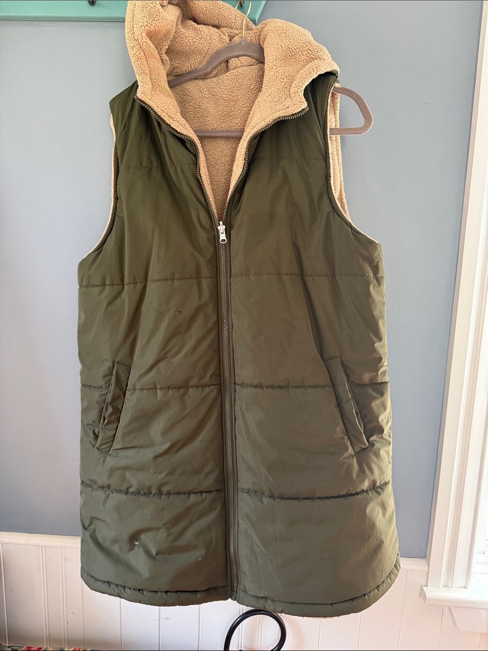 Olive Green Hooded Sherpa-Lined Long Line Puffer Vest